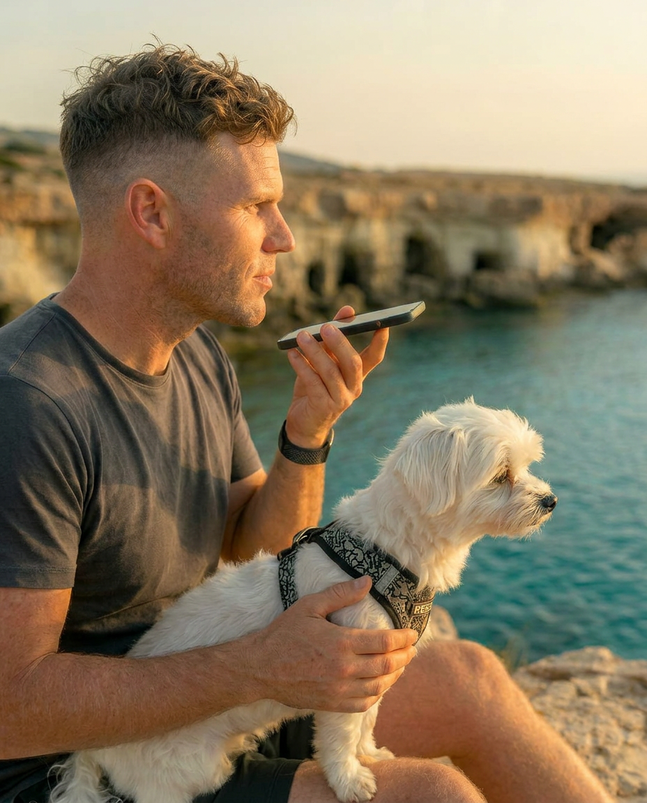 Dominik, Gründer von Prep1.ai, mit seinem Hund Mylo auf Zypern